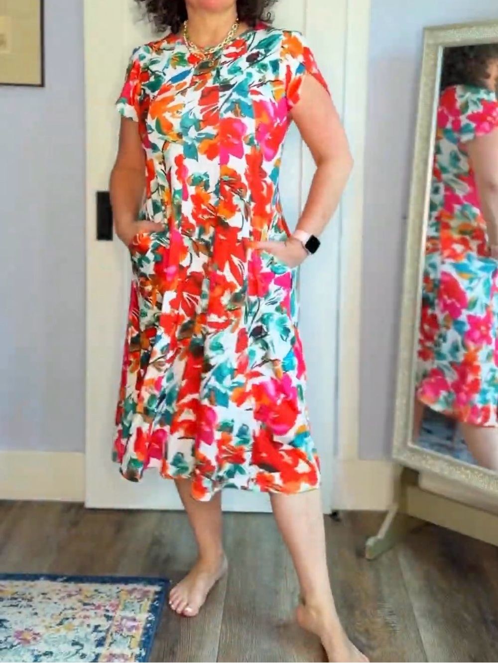 zeagoo Multicolor Floral Midi Dress in White, Pink & Orange